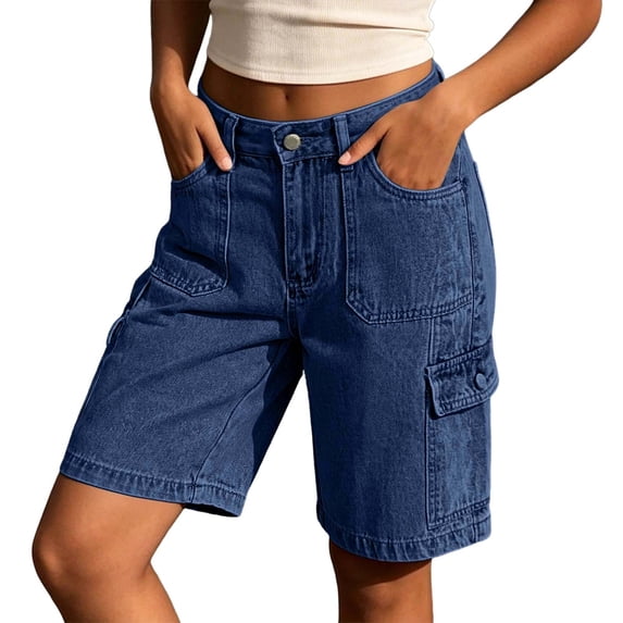 Jeans Cargo Shorts for Women Solid Color Washed Denim High Waist Casual Bottoms Cropped Pants Summer With Pockets
