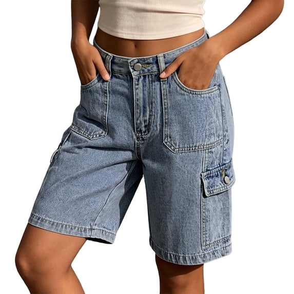 Jeans Cargo Shorts for Women Solid Color Washed Denim High Waist Casual Bottoms Cropped Pants Summer With Pockets