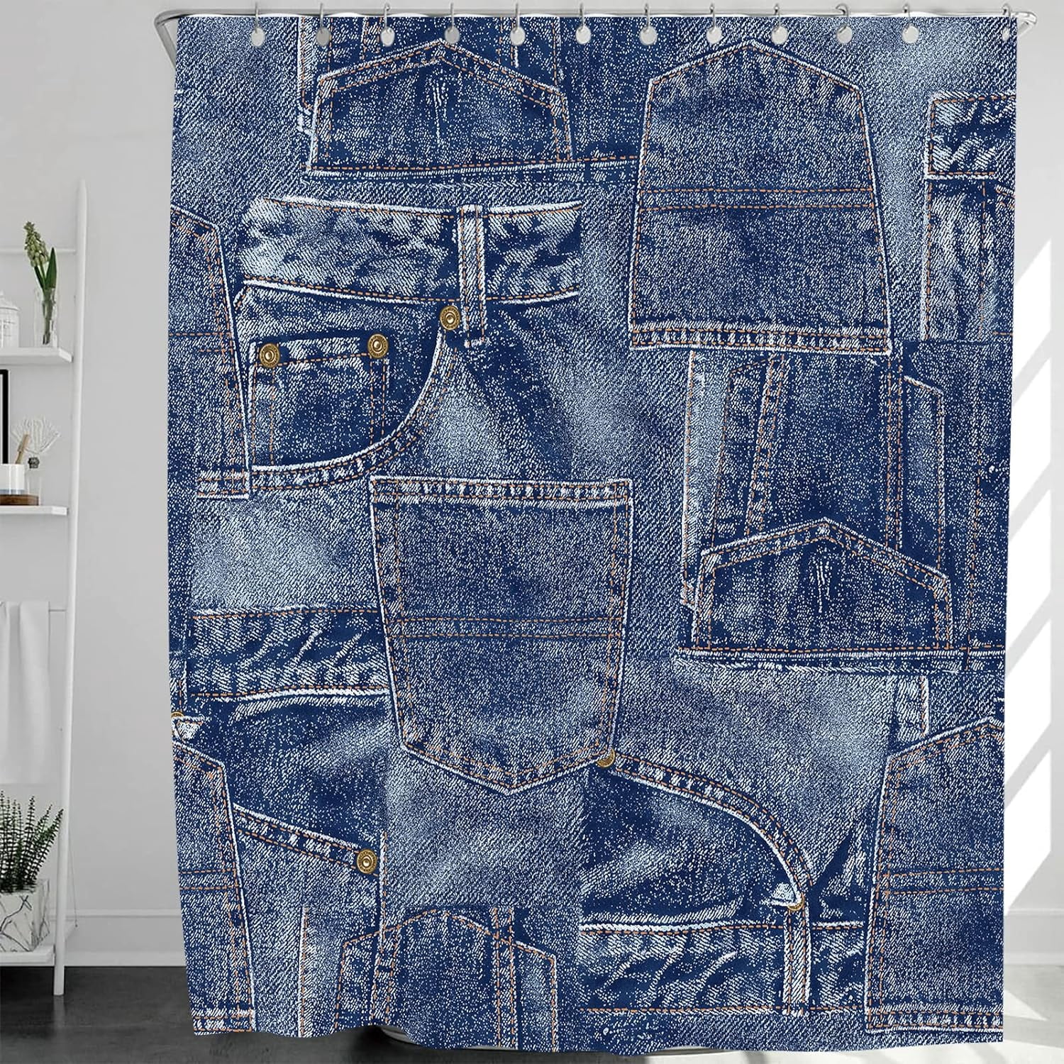 Jeans Denim Material Patchwork Real Seems Polyester Fabric Shower Curtain Sets with Hooks Waterproof Bathroom Decor