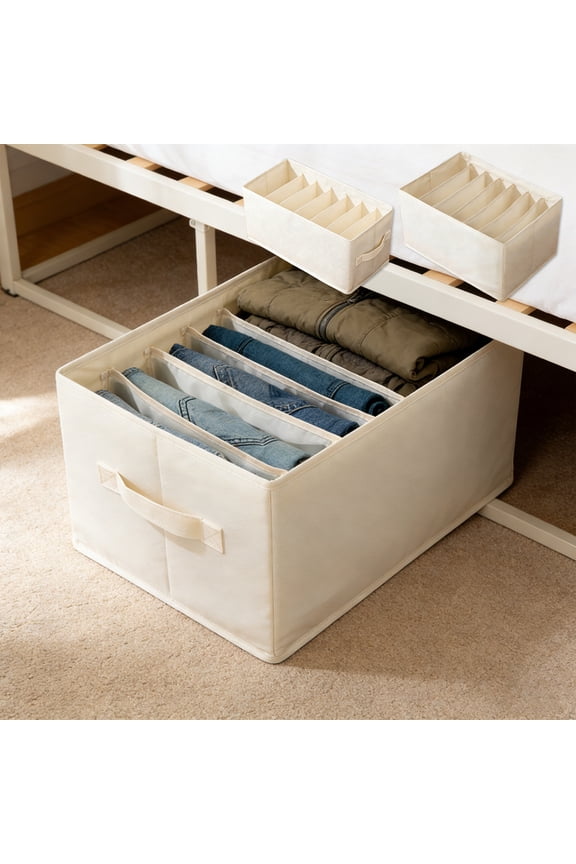 Jeans Drawer Organizer | 7-Compartment Wardrobe Storage Box for Folded Clothes | Washable Oxford Cloth Beige | Fits Jeans, Trousers, Leggings, T-Shirts | Foldable Stackable Design | 36x25x20cm