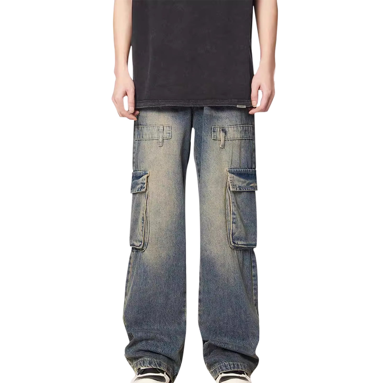 Jeans For Men Blue High Street Baggy Loose Hip Hop Techwear Cargo ...