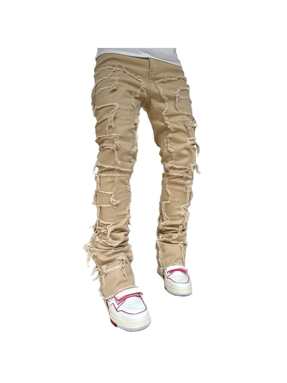 Jeans For Men Fashion Street‑Wear Ripped Denim Trousers Mid‑Rise Stacked Distressed Fringe Jacquard Pattern Pants