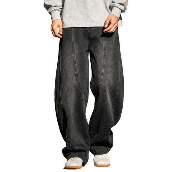 Jeans For Men Japanese Retro Old Washed Washed Spring Split Design Loose Straight Wide Leg Denim Trousers Casual Mens Pants Black M