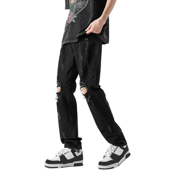 Jeans For Men Spring Summer Slim Stretch Hole High Street Straight Leg Denim Trousers Comfortable Casual Mens Pants Black S