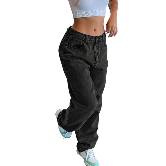 Jeans For Women Fashion Solid Color High Waist Loose Fit Straight Wide Leg Pants