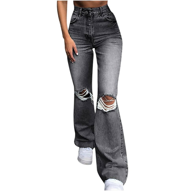 Jeans For Women High Waist Ripped Clearance Women's Fashion Casual Loose  Washed Denim Ripped Jeans Casual Solid Stretch Slim Pants Gray M