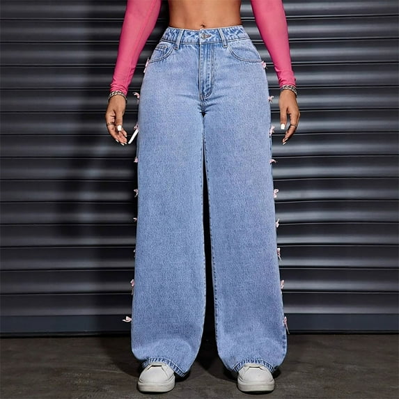 Jeans For Women, High Waist Straight Leg Jeans With Buttons Zippers, Featuring Pockets Bow Decorations (XS, Light Blue)