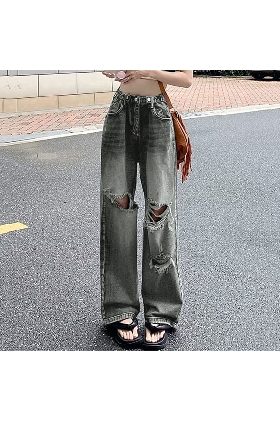 Jeans For Women High Waist Straight Leg Relaxed Fit Elastic Denim Pants Fashion Comfy Street Outdoor Hiking Pants With Pocket Grey L