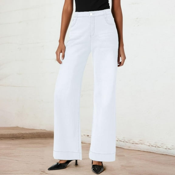 Jeans For Women High Waist Straight Leg Relaxed Fit Fashion Stretch Denim Pants Comfy Street Workwear Classic Jeans Trousers White L
