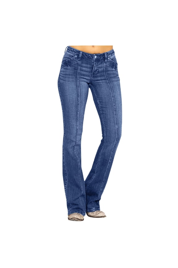 Jeans For Women, Plus Size Button Mid Waist Casual Stretchy Denim Long Flare Pants With Side Pockets (XXL, Blue)
