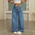 thumbnail image 1 of Jeans For Women,Retro Drawstring Elastic High Waist Straight Leg Jeans With Side Pockets Pearl Decorations (M, Blue), 1 of 4