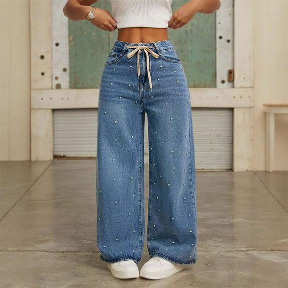 Jeans For Women,Retro Drawstring Elastic High Waist Straight Leg Jeans With Side Pockets Pearl Decorations (M, Blue)
