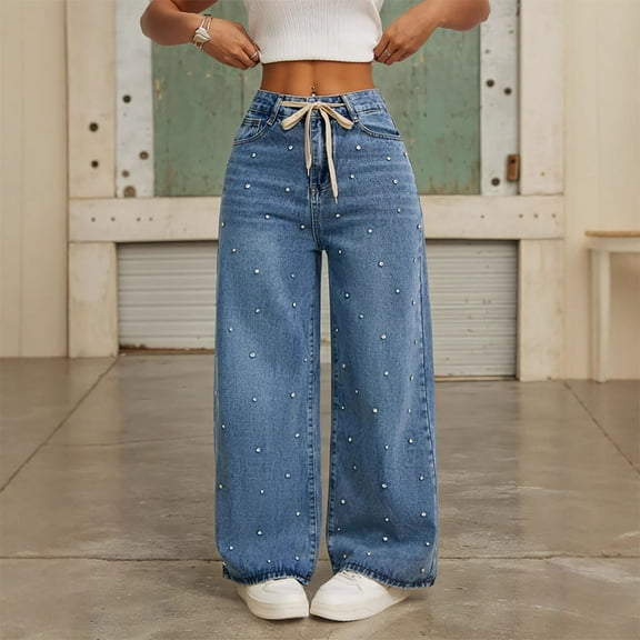 Jeans For Women,Retro Drawstring Elastic High Waist Straight Leg Jeans With Side Pockets Pearl Decorations (XS, Blue)