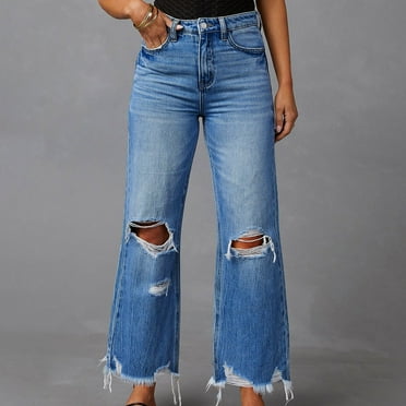 Jeans For Women Ripped Straight Leg Bootcut Lightweight Casual Comfortable Jeans Blue S