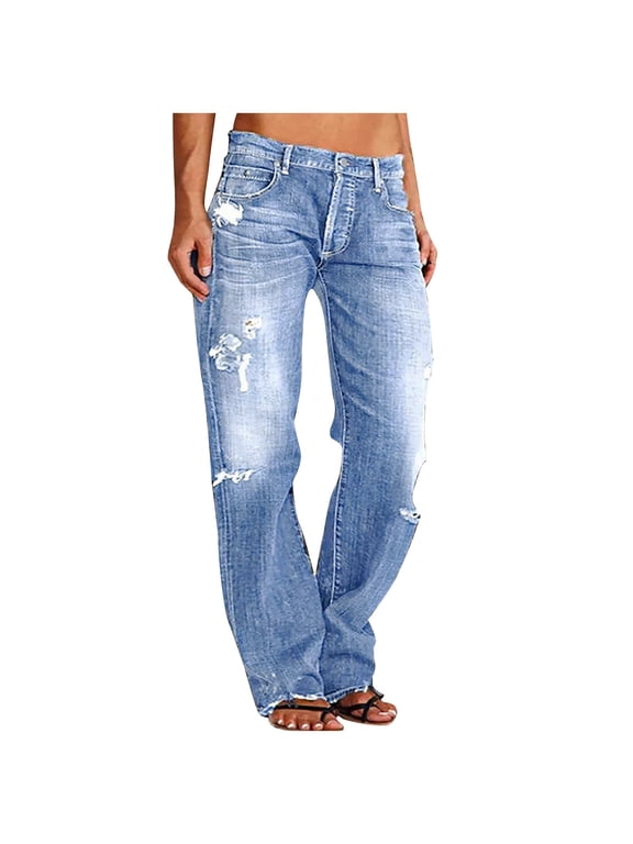 Jeans For Women Sevevn Women's Low Rise Straight Leg Jeans Stretchy Ripped Hem Casual Denim Jeans