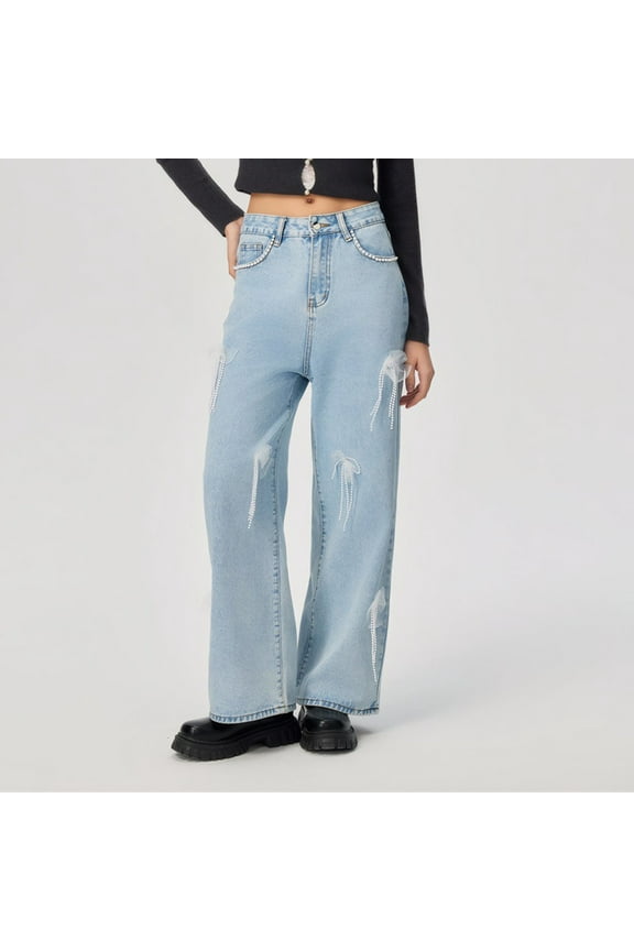 Jeans For Women, Solid Color High Waiste Straight Leg Zipper Denim Patns With Beaded Chain Decoration Side Pockets (L, Light Blue)