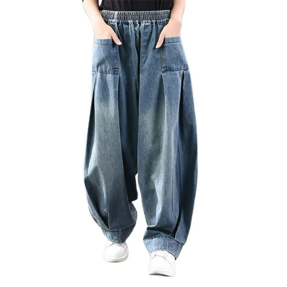 Jeans For Women Solid Color Ladies Plus Size Loose Harem Denim Pants Casual Comfortable Trousers Outwear,Blue,L