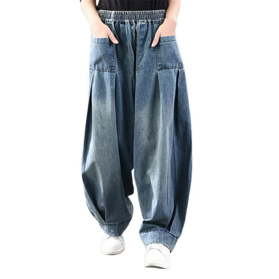 Jeans For Women Solid Color Ladies Plus Size Loose Harem Denim Pants Casual Comfortable Trousers Outwear,Blue,L