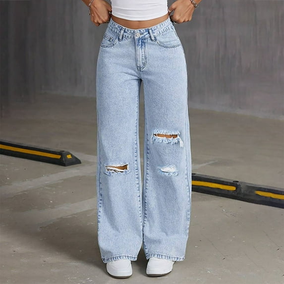 Jeans For Women, Solid Color Ripped High Waist Straight Leg Zipper Button-Up Denim Trousers With Side Pockets (XS, Light Blue)