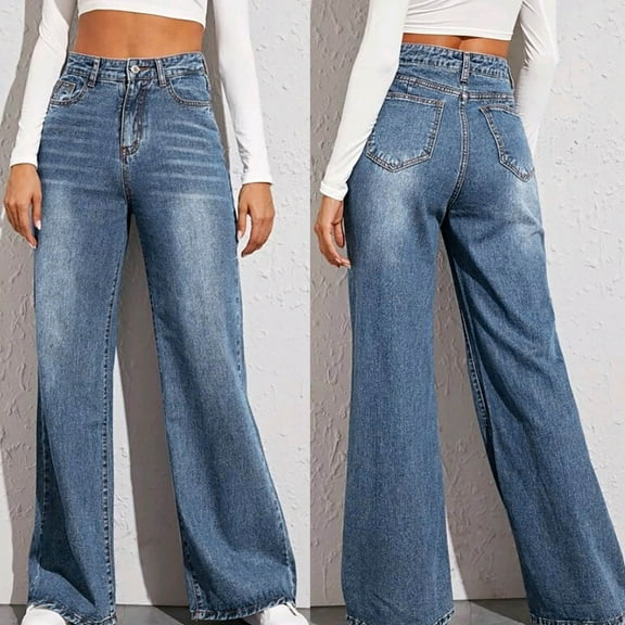 Jeans For Women Wide Leg Jeans Fashion Solid High Waisted Stretch Slim Jeans Casual Pencil Pants Denim Pants For Women Blue,12