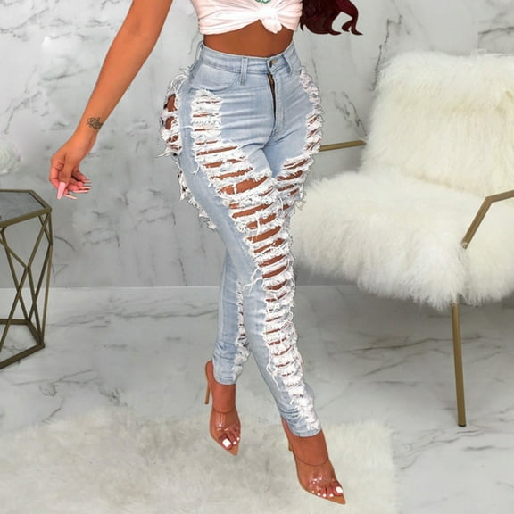 Jeans For Women Wide Leg Jeans Hole Button Zipper Pocket Jeans Casual Slim Tight Pencil Pants Loose Boyfriends Jeans Denim Pants Light blue,6