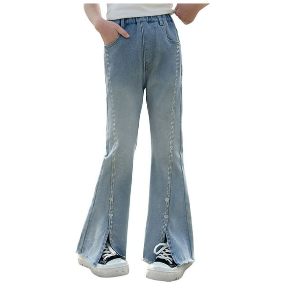 Jeans For Girls 10-12 Regular Baggy Jeans Boys Y2K Straight Wide Leg Denim Pants Streetwear Casual Cute Elastic Waist Loose Trousers Pockets for Kids 14-16