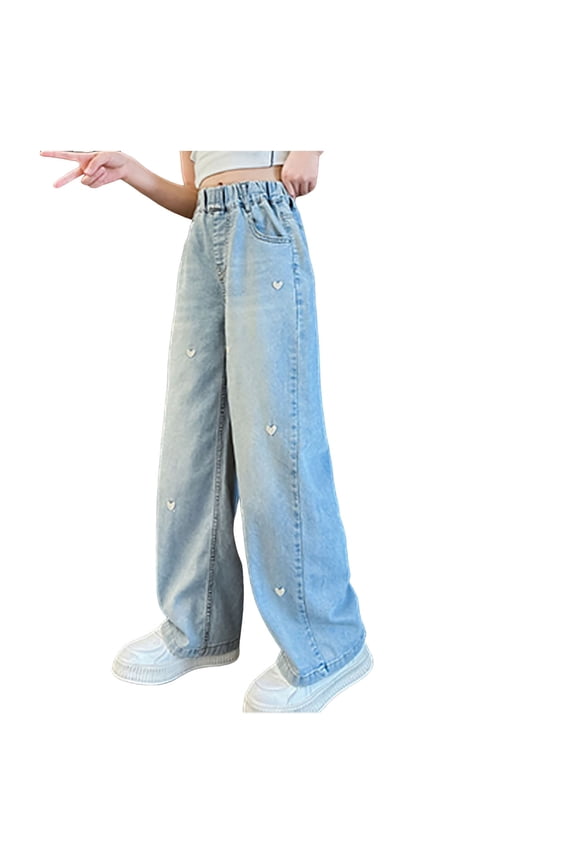 Jeans For Girls 10-12 Regular Girls Jeans Toddlers Baggy Candy Colors High Elastic Waist Loose Wide Leg Denim Pants Straight Trousers Girl's Bow Embroidered Baggy Jeans
