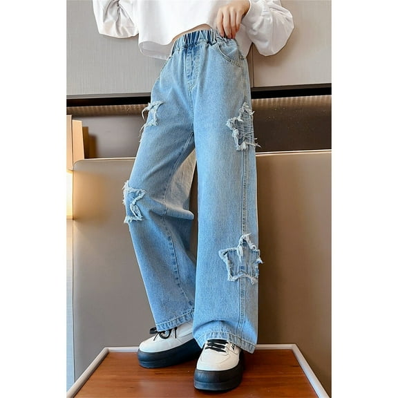 Jeans for Girls Baggy Wide Leg Cute Bow Star High Elastic Waisted Denim Pants Y2K Boyfriend Skater Streetwear Kids Jeans Breathable Pants (11-12 Years, Blue)