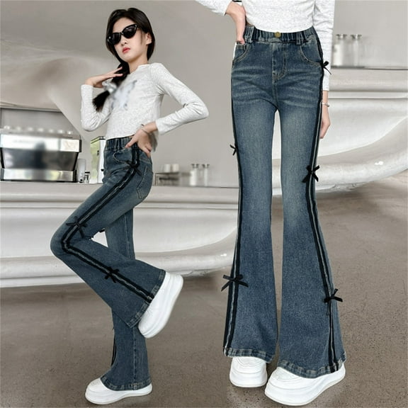 Jeans Girls Bow Jeans Girls Flare Jeans High Waist Girls Baggy Jeans with Pocket Size 5-6 Years Girls Clothes