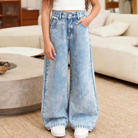 Jeans Girls Elastic Wasit Jeans Straight Leg Jeans Wide Leg Jeans Girls High Waist Cute Baggy Jeans with Pockets Girls 9-10 Years Clothes