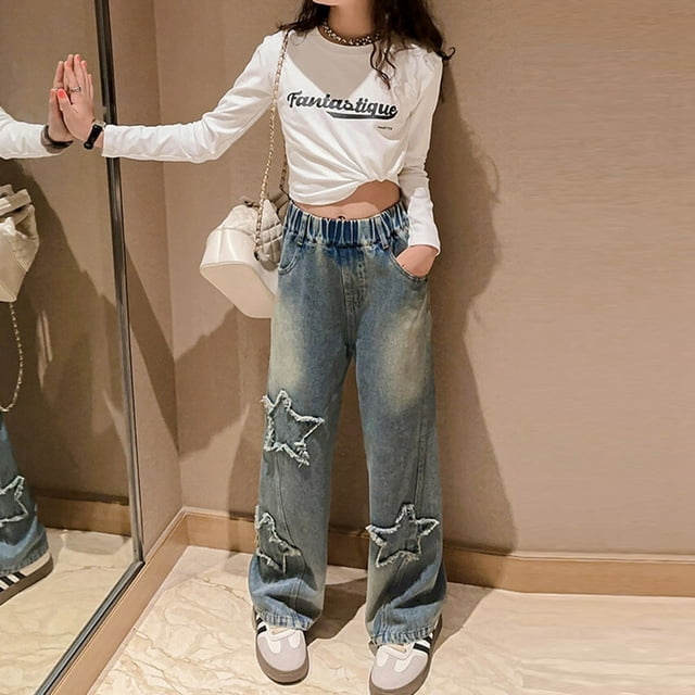 Jeans Girls Embroidered Jeans Baggy Pants for Girls Straight Leg Jeans with Pockets High Waist Wide Leg Jeans for Girls 4-5 Years