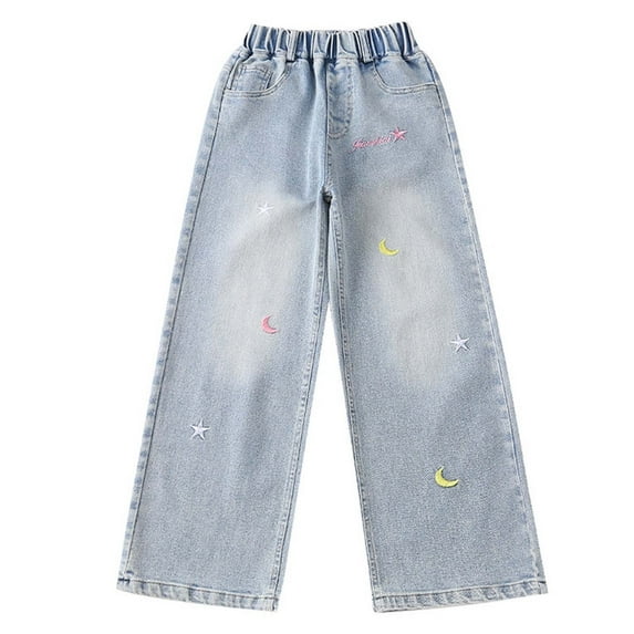 Jeans for Girls Kids Toddler Girls Thin Breathable Stars Moon Embroidered Jeans Elastic Waist Wide Leg Demin Pants with Pockets Pants for Girls Blue 12 Years-15 Years