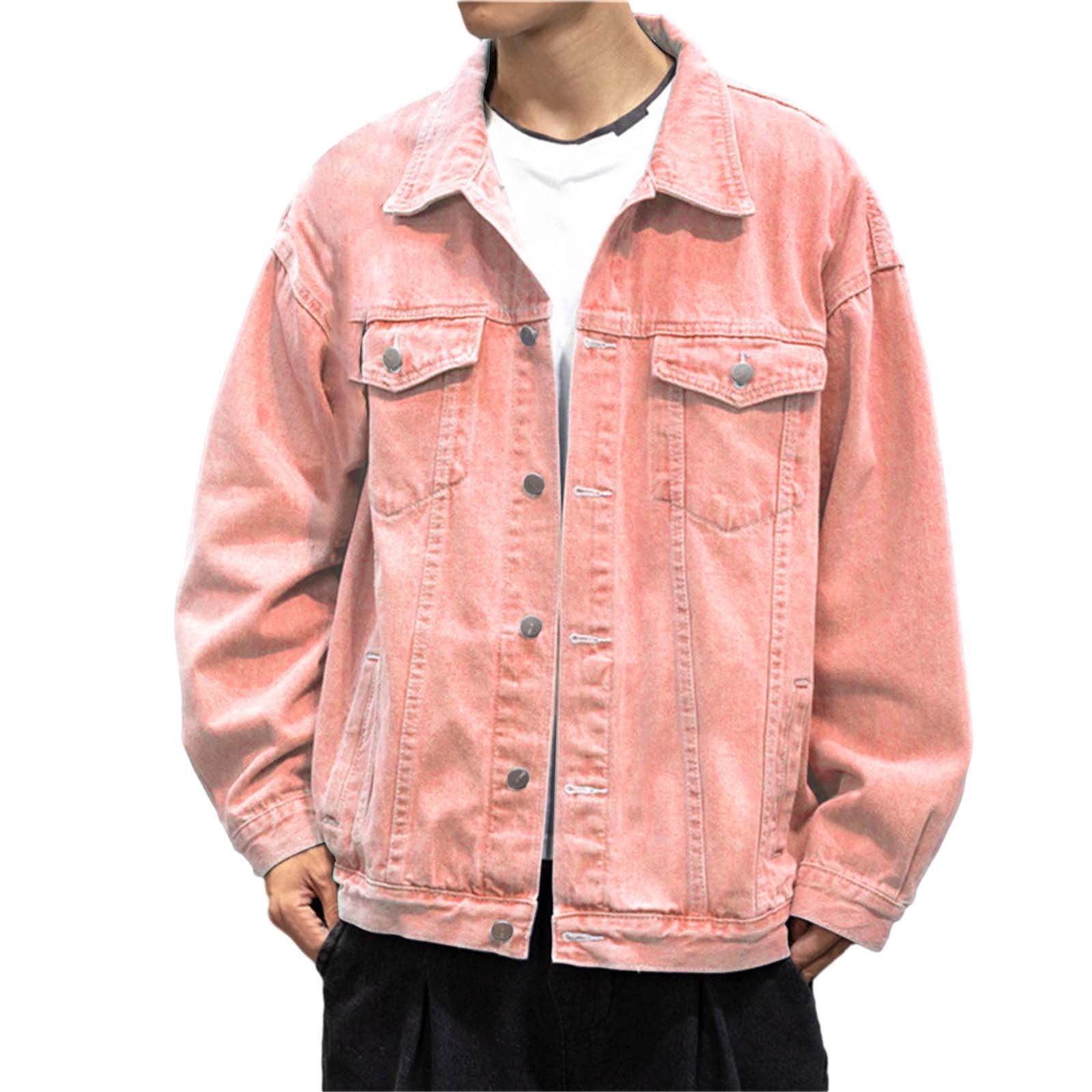 Jeans Jacket for Men Jackets Men Jacket Casual Solid Color Loose Large Size Pink L Walmart