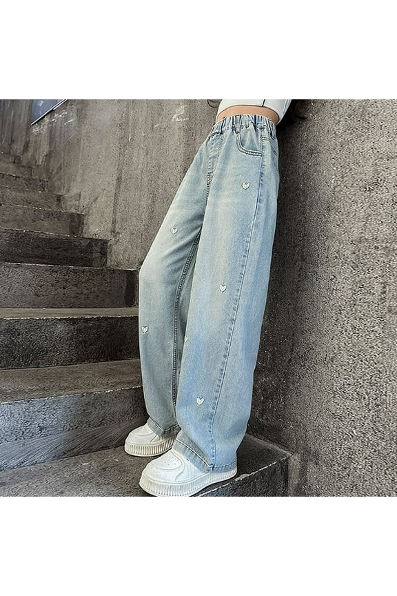 Jeans For Kids Girls Flare Girls Ripped Skinny Jeans High Waist Slim Denim Leggings Y2K Straight Thin Versatile Jean Leggings for Kids Bow Print Wide Leg Baggy Demin Pants