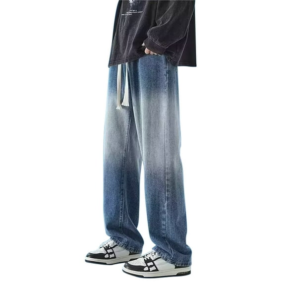 Jeans for Men Casual High Street Gradient Elastic Waist Drawstring Loose Straight Leg Denim Trousers 2025 Trend Outdoor Streetwear Pants for Men Blue XL