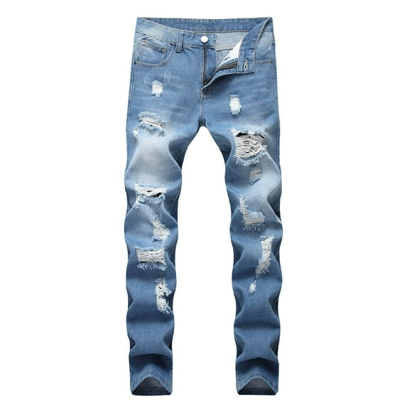 Jeans Men Ripped Slim Fit Straight Leg Denim Jeans Stretchy Summer Casual Trendy Men's Pants