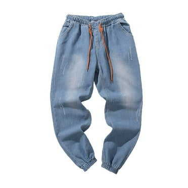 Jeans Men Street Elastic Waist Drawstring Denim Jeans Loose Fit Casual Stretchy Baggy Men's Pants