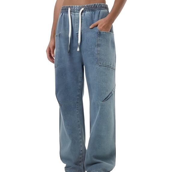 Jeans For Men Summer Aging Washed Elastic Waist Drawstring Straight Wide Leg Denim Trousers Slightly Flared Casual Trend Loose Fall Pants For Men Blue L