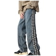 thumbnail image 1 of Jeans For Men Winter Casual Versatile Striped Embroidery Straight Wide Leg Splicing Denim Trousers Loose Fall Outdoor Streetwear Pants For Men Blue XL, 1 of 6