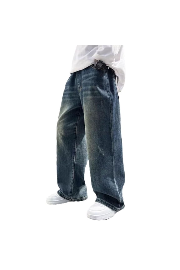 Jeans Pants For Boys Boys Elastic Waist Baggy Jeans For Kids Teen Casual Straight Wide Leg Cargo Jeans Y2K Fall Loose Pull On Denim Pants With Pockets 4-14 Years #02 Dark Blue,4-5Y