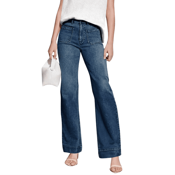 Jeans Pants For Women High Waist Wide Leg Jeans With Front Patch Pockets Classic Stretch Denim Pants Casual Loose Fit Trousers Straight-Leg Long Pants For Women