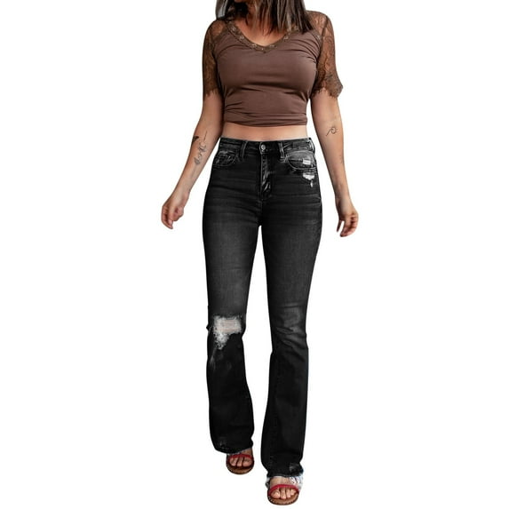 Jeans Pants Women Micro-Flare CasualStretch High Slim-Fit Zipper Button Retro Waist Ripped Womens Pants