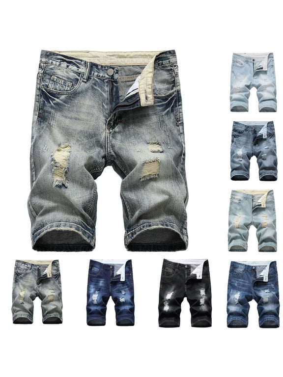 Jeans Shorts For Men Ripped Trunks Stretchy Washed Jeans Trunks Cut-Off Classic Biker Jeans Trunks Summer Denim Cargo Shorts Blue