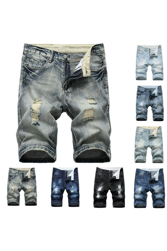 Jeans Shorts For Men Ripped Trunks Stretchy Washed Jeans Trunks Cut-Off Classic Biker Jeans Trunks Summer Denim Cargo Shorts Blue