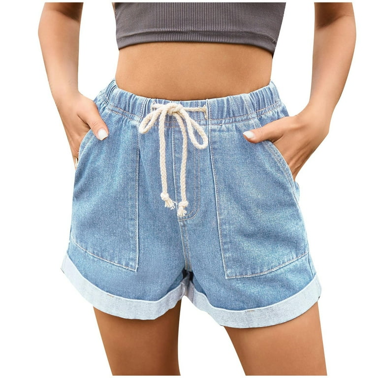 Casual Solid Draw String High Waist Regular Denim Shorts Casual Solid Draw String High Waist Regular Denim Shorts