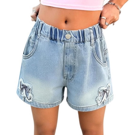 Jeans Shorts for Girls Size 7 to 8 Floral Elastic Waist Lace Trim Denim Shorts Wide Leg Relaxed Pants, Blue