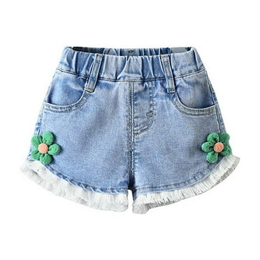 Jeans Shorts for Girls Size 7 to 8 Floral Elastic Waist Raw Hem Denim Shorts Wide Leg Relaxed Pants Denim Shop, Light Blue, 4 Years