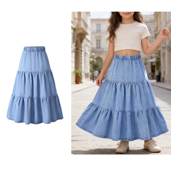 Jeans Skirt for Girls Elastic Waist Denim Tiered A Line Skirt Girls Maxi Skirt Cute Denim Skirt Girls Summer Clothes Girls Jean Skirts Size 9-10 Years