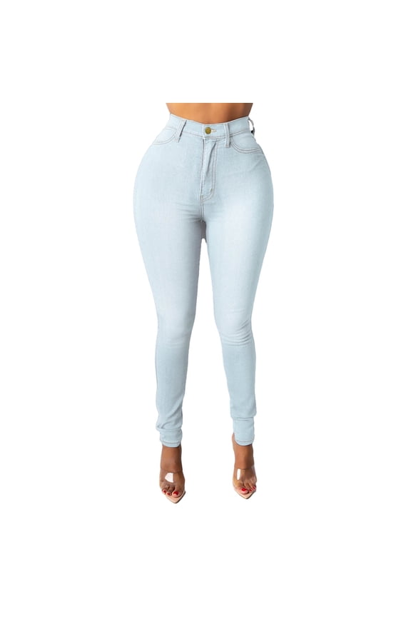 Jeans Skirts for Women Denim Womens Skinny Jeans Mid Rise, Stretch Denim Jean Slim Fitting Leg Elastic Waist Pants with Pockets S-70 Blue L