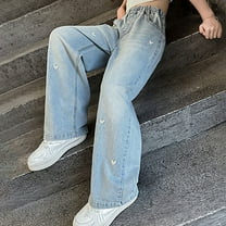 Jeans For Teen Girls Y2K Ripped Denim Jeans for Kids Straight Wide Leg Distressed Washed Cotton Baggy Pants Casual Lightweight Jeans High Waisted Flare Pants